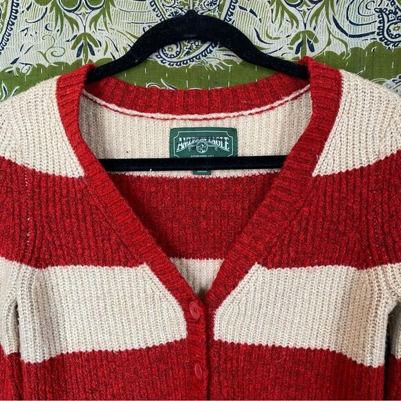 American Eagle Red/ Tan Rugby Stripe Slim Cardigan Size Extra Small - Picture 3 of 15